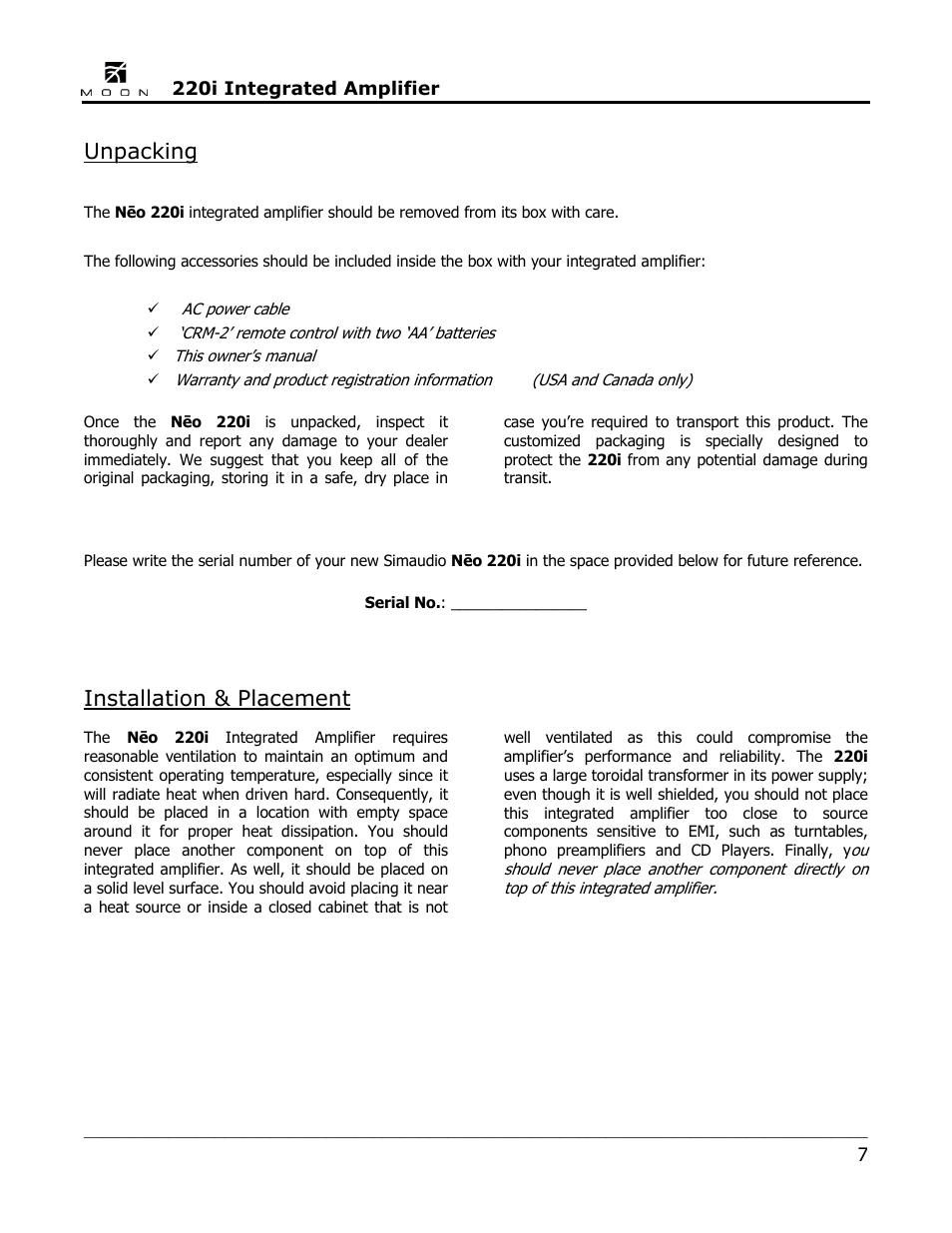 Unpacking, Installation & placement | Simaudio Neo 220i Integrated Amplifier User Manual | Page 7 / 16