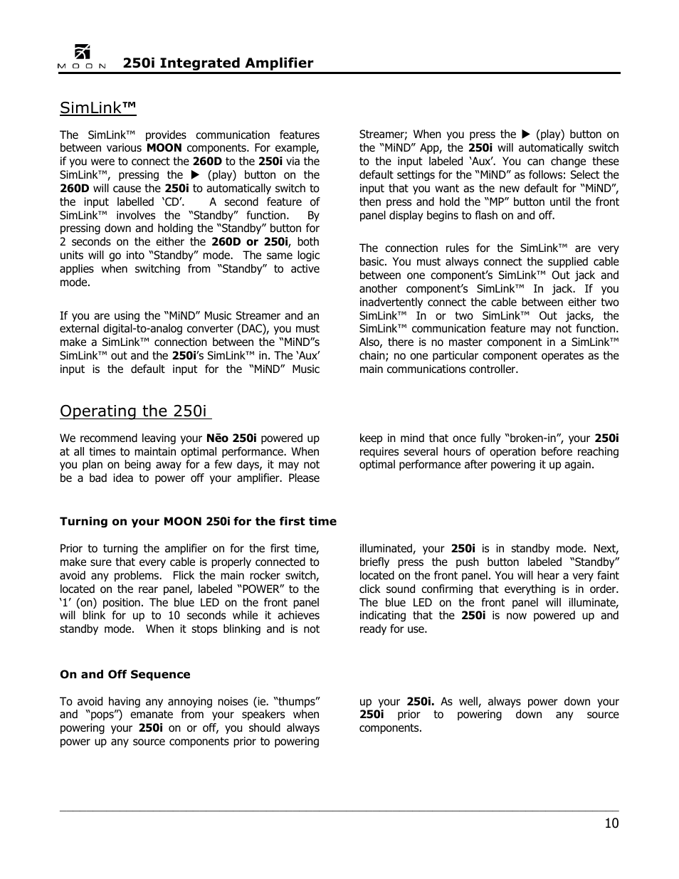 Simlink, Operating the 250i | Simaudio Neo 250i Integrated Amplifier User Manual | Page 10 / 16