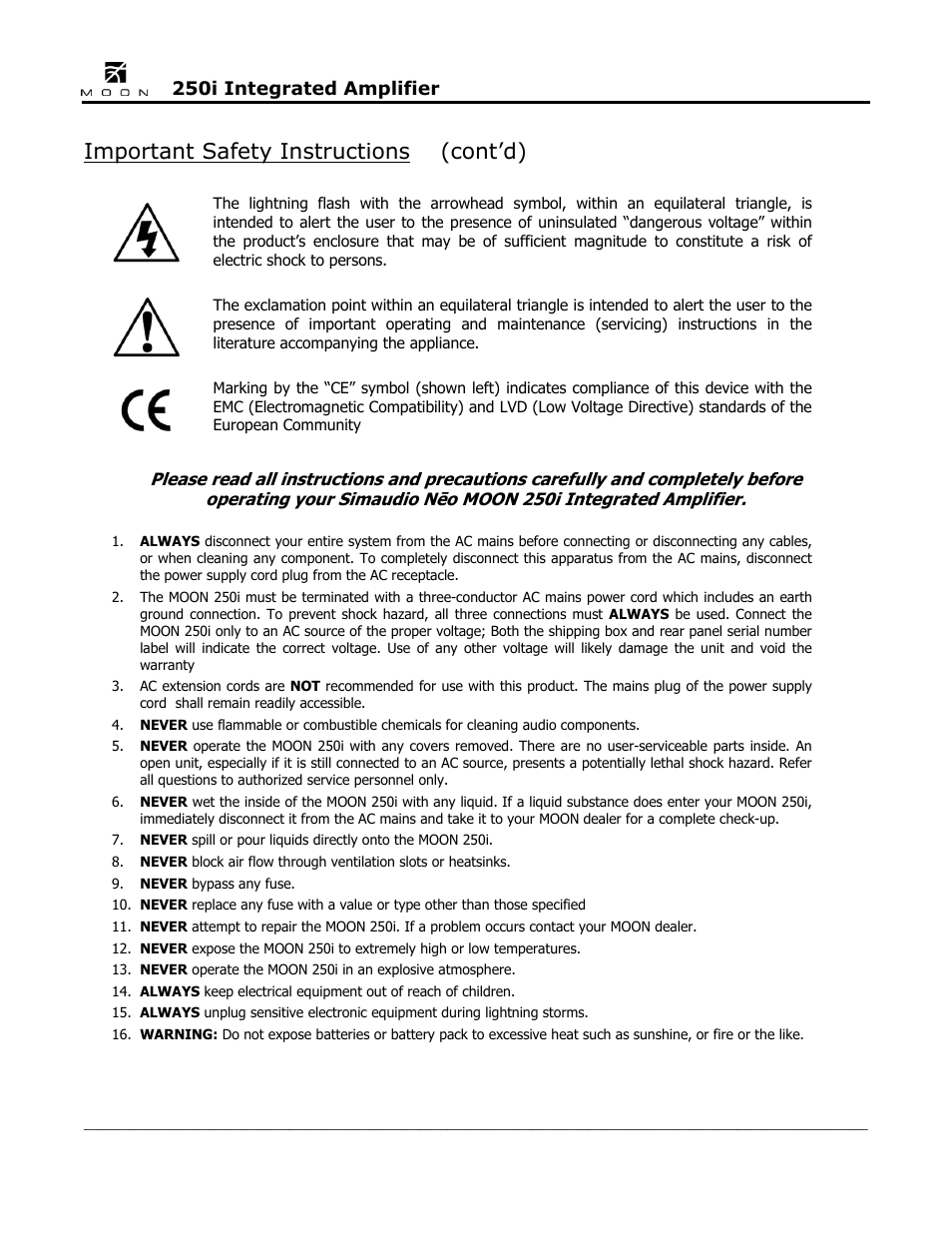 Important safety instructions (cont’d) | Simaudio Neo 250i Integrated Amplifier User Manual | Page 4 / 16