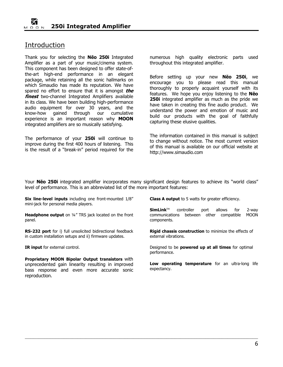 Introduction, 250i integrated amplifier | Simaudio Neo 250i Integrated Amplifier User Manual | Page 6 / 16