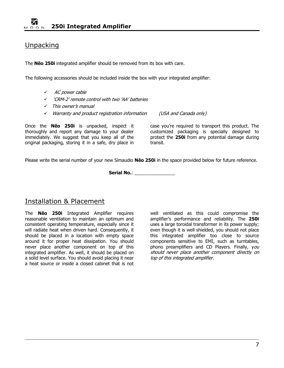 Unpacking, Installation & placement | Simaudio Neo 250i Integrated Amplifier User Manual | Page 7 / 16