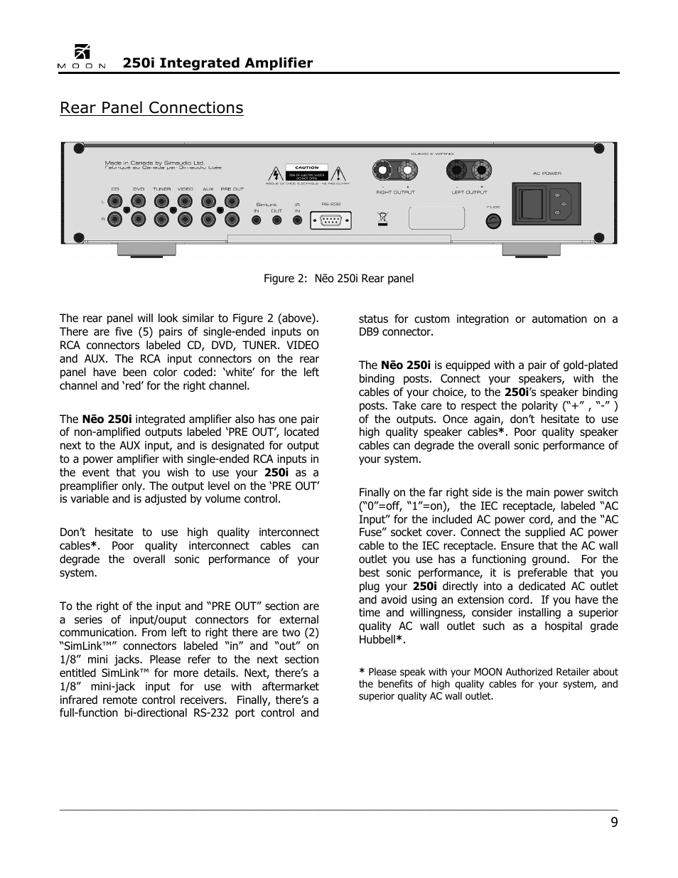 Rear panel connections | Simaudio Neo 250i Integrated Amplifier User Manual | Page 9 / 16
