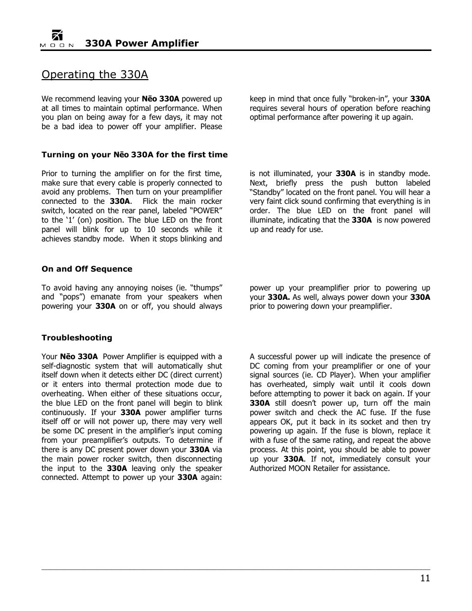 Operating the 330a | Simaudio Neo 330A Amplifier User Manual | Page 11 / 16