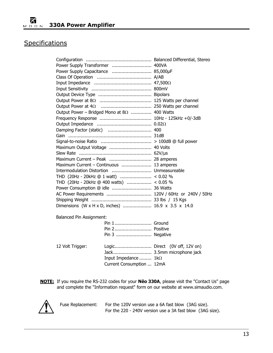 Specifications | Simaudio Neo 330A Amplifier User Manual | Page 13 / 16