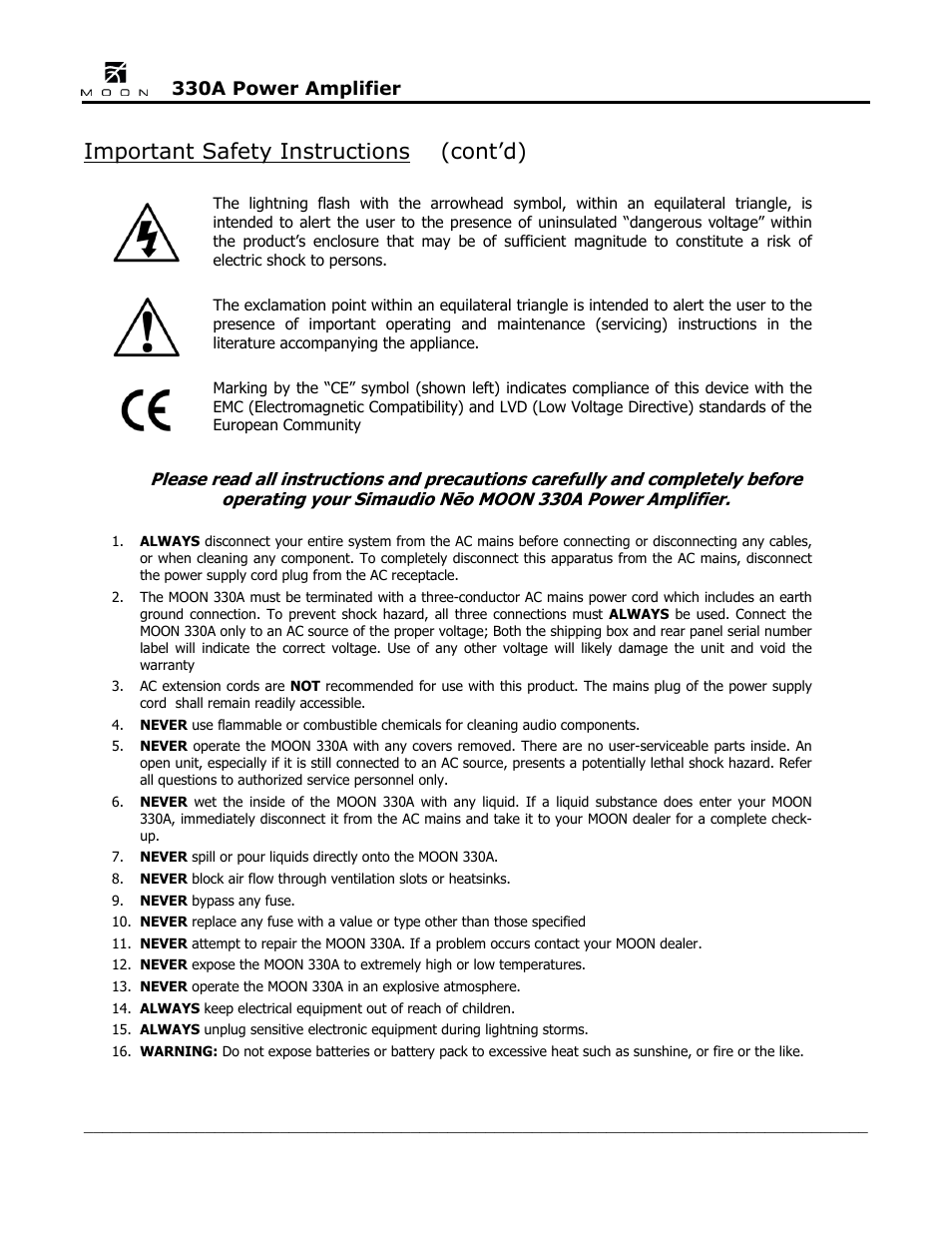 Important safety instructions (cont’d) | Simaudio Neo 330A Amplifier User Manual | Page 4 / 16