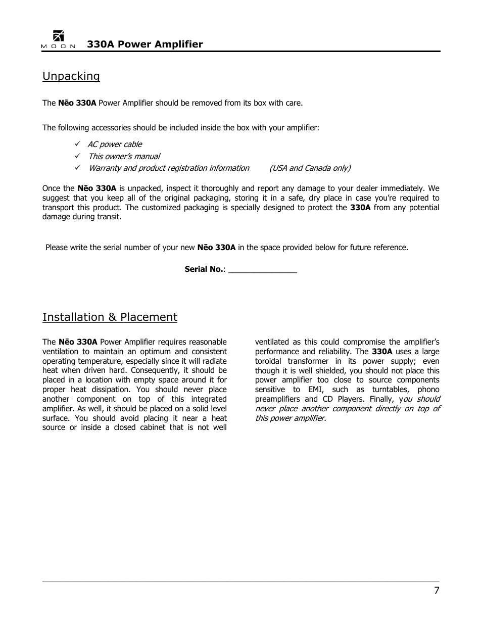 Unpacking, Installation & placement | Simaudio Neo 330A Amplifier User Manual | Page 7 / 16