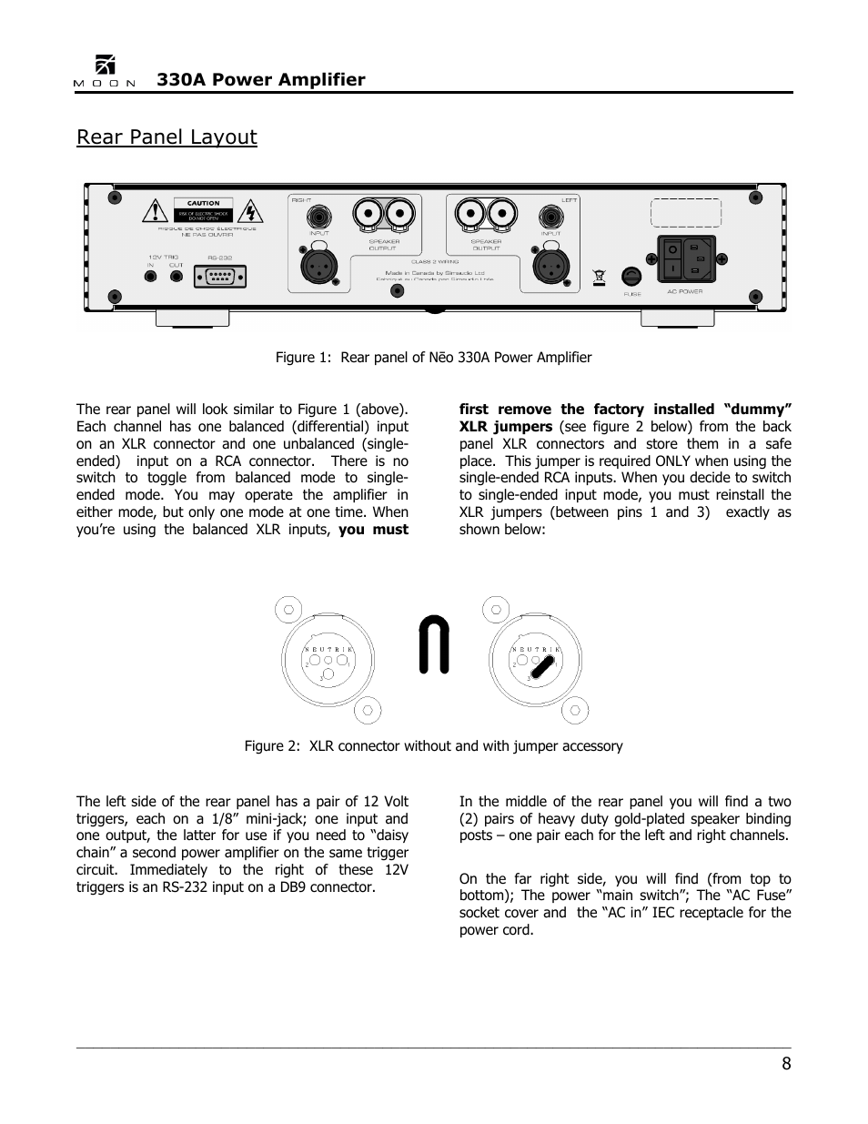 Rear panel layout | Simaudio Neo 330A Amplifier User Manual | Page 8 / 16