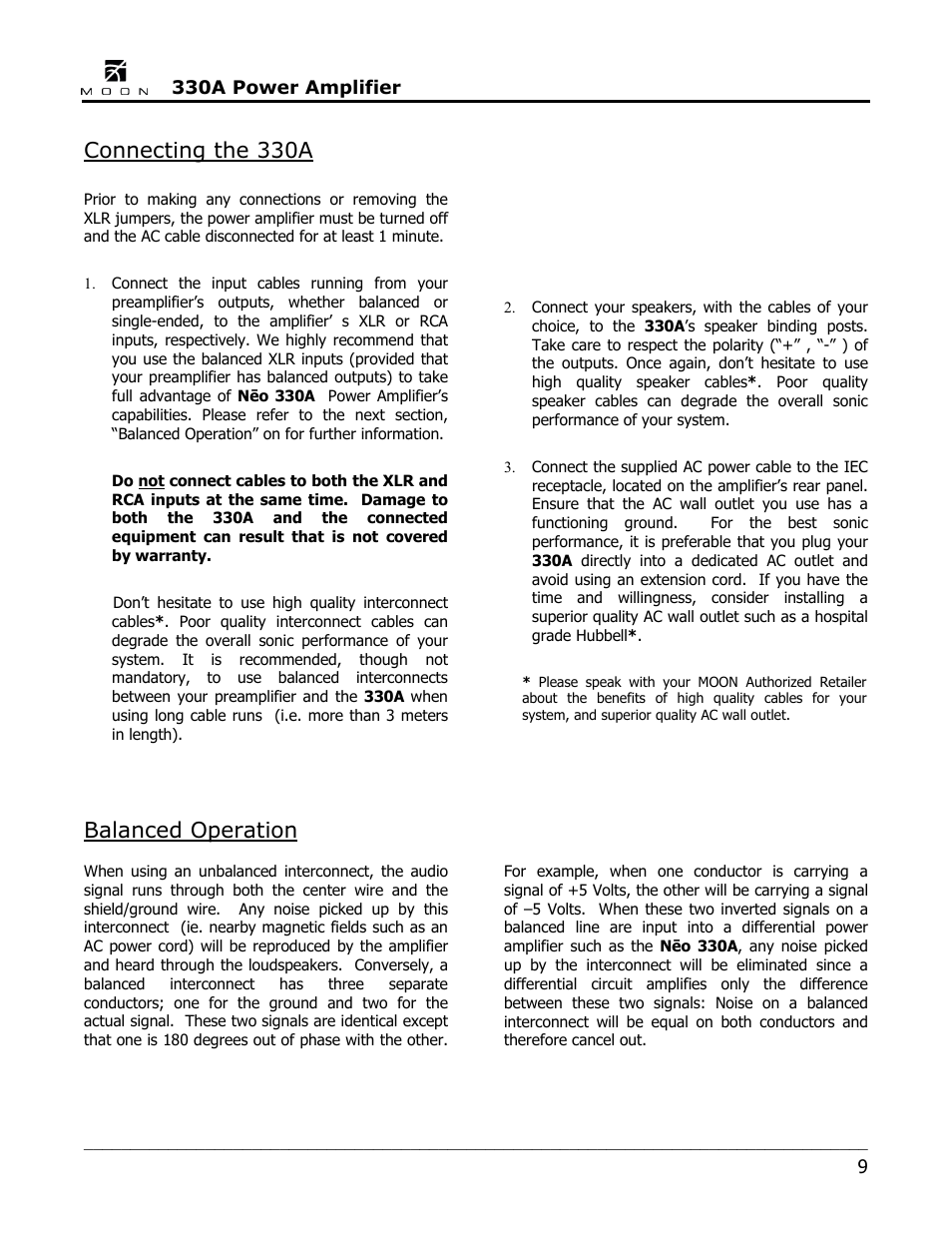 Connecting the 330a, Balanced operation | Simaudio Neo 330A Amplifier User Manual | Page 9 / 16