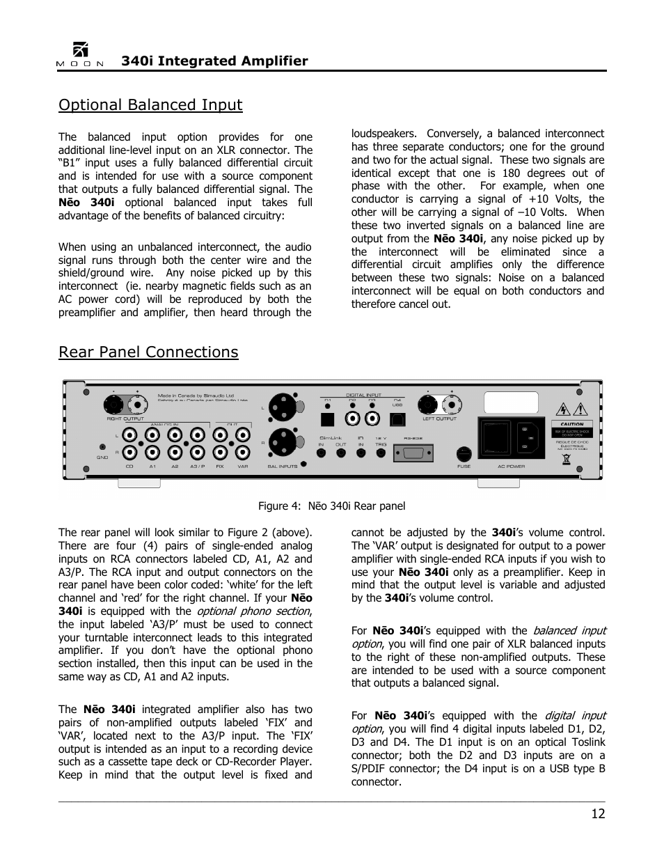 Optional balanced input, Rear panel connections | Simaudio Neo 340i Integrated Amplifier User Manual | Page 12 / 20