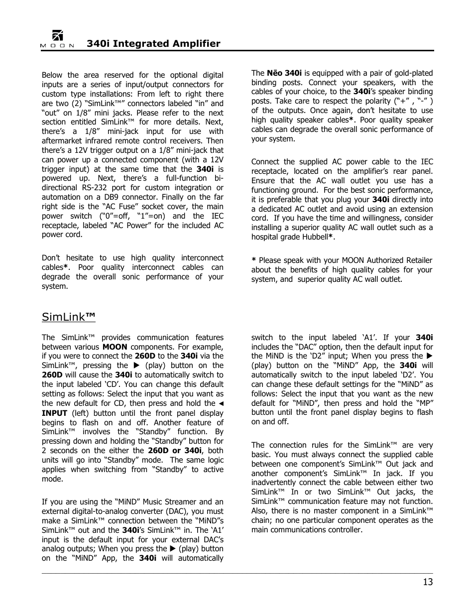 Simlink | Simaudio Neo 340i Integrated Amplifier User Manual | Page 13 / 20