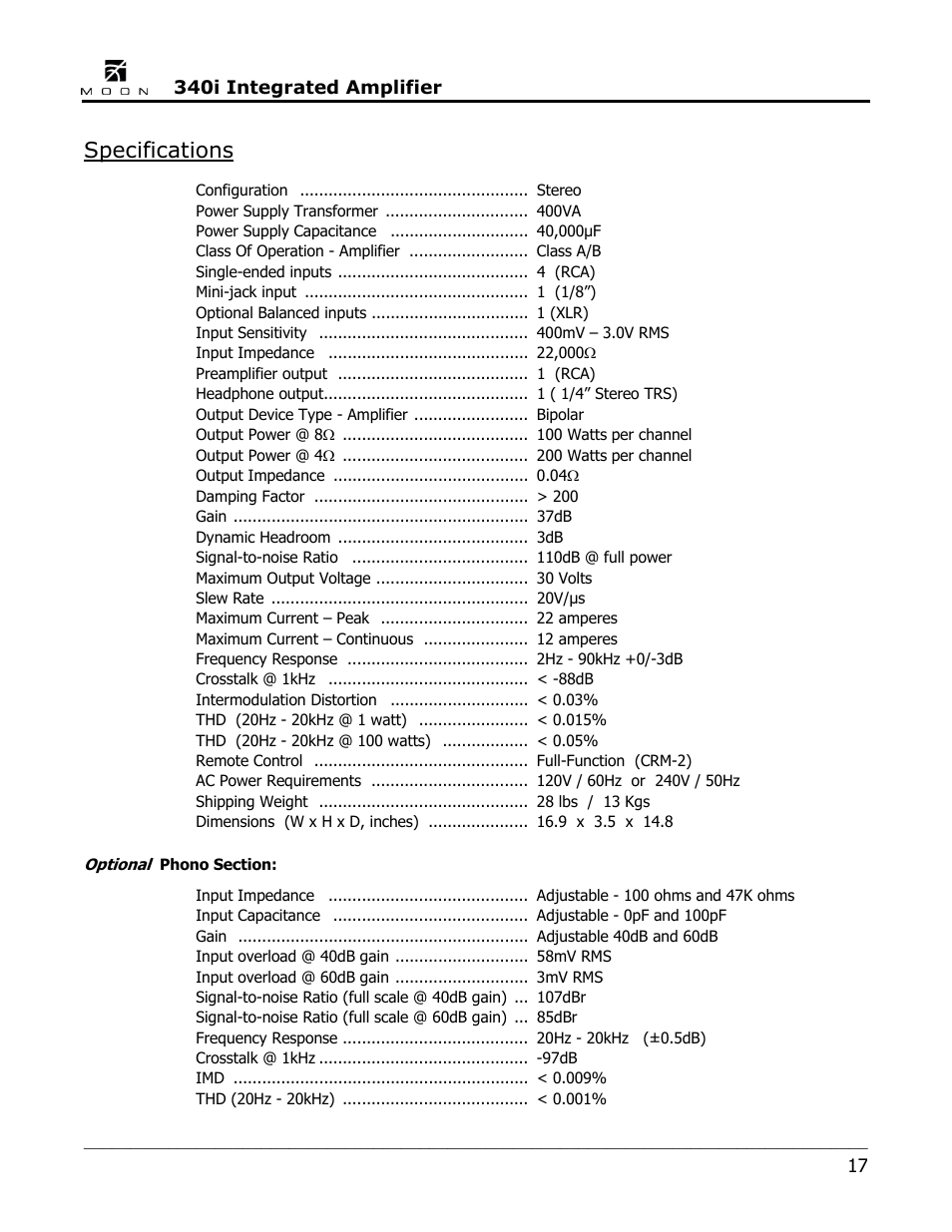Specifications | Simaudio Neo 340i Integrated Amplifier User Manual | Page 17 / 20