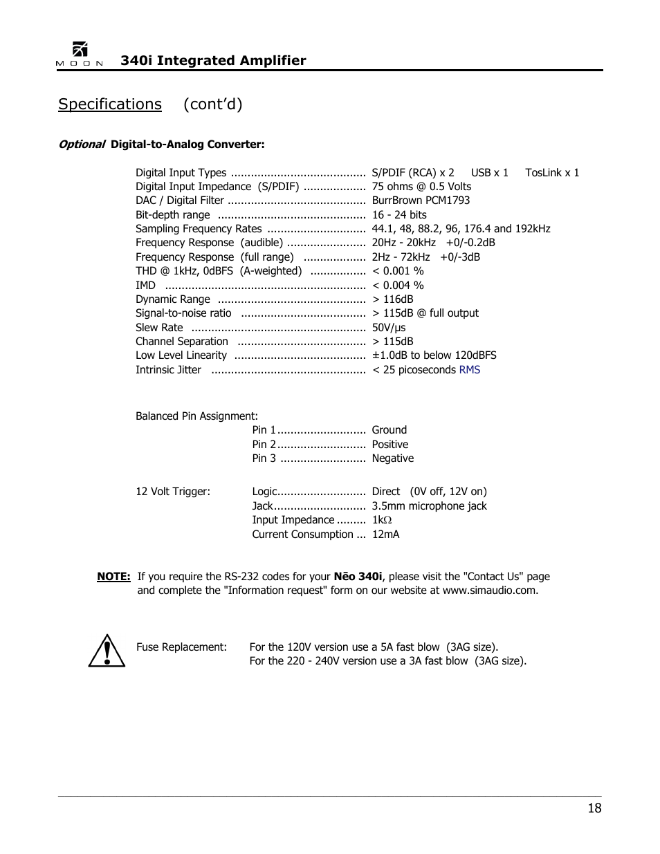 Specifications (cont’d) | Simaudio Neo 340i Integrated Amplifier User Manual | Page 18 / 20
