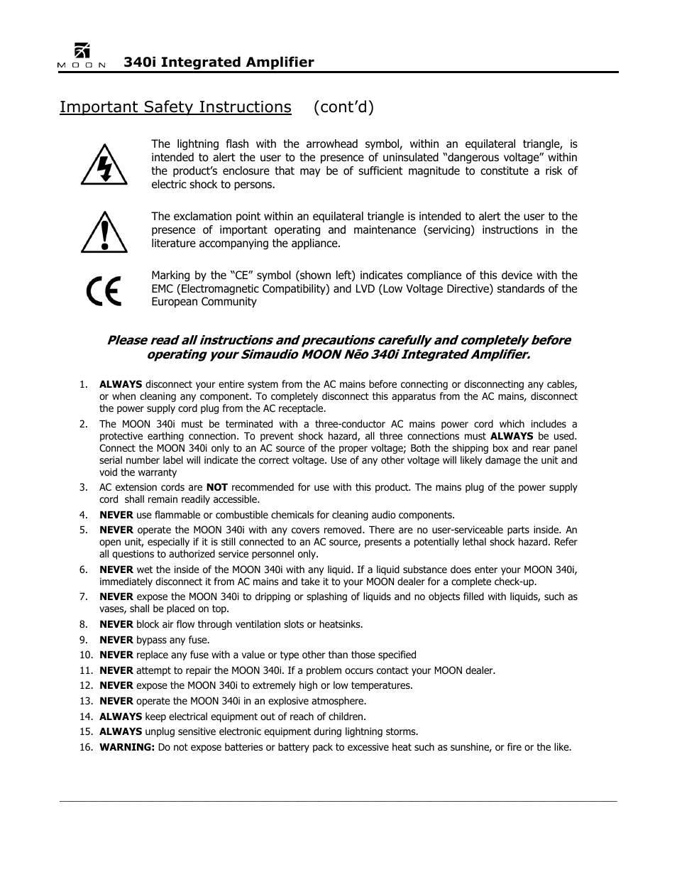 Important safety instructions (cont’d) | Simaudio Neo 340i Integrated Amplifier User Manual | Page 4 / 20