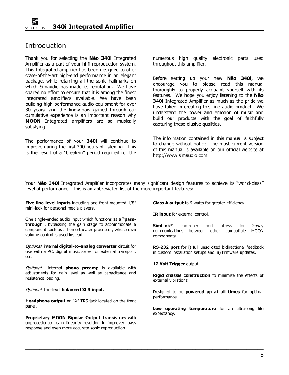 Introduction, 340i integrated amplifier | Simaudio Neo 340i Integrated Amplifier User Manual | Page 6 / 20