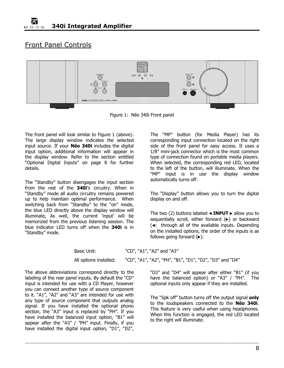 Front panel controls | Simaudio Neo 340i Integrated Amplifier User Manual | Page 8 / 20