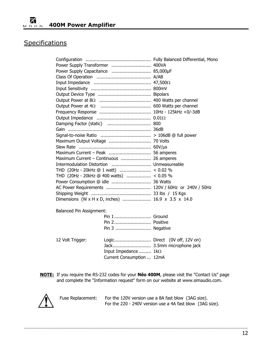 Specifications | Simaudio Neo 400M Amplifier User Manual | Page 12 / 16