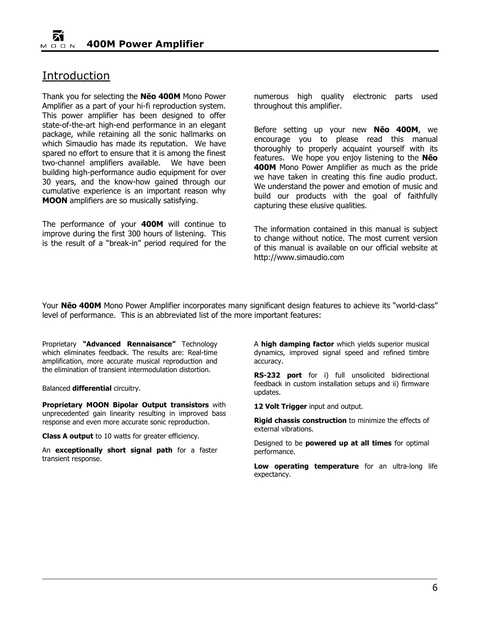 Introduction, 400m power amplifier | Simaudio Neo 400M Amplifier User Manual | Page 6 / 16