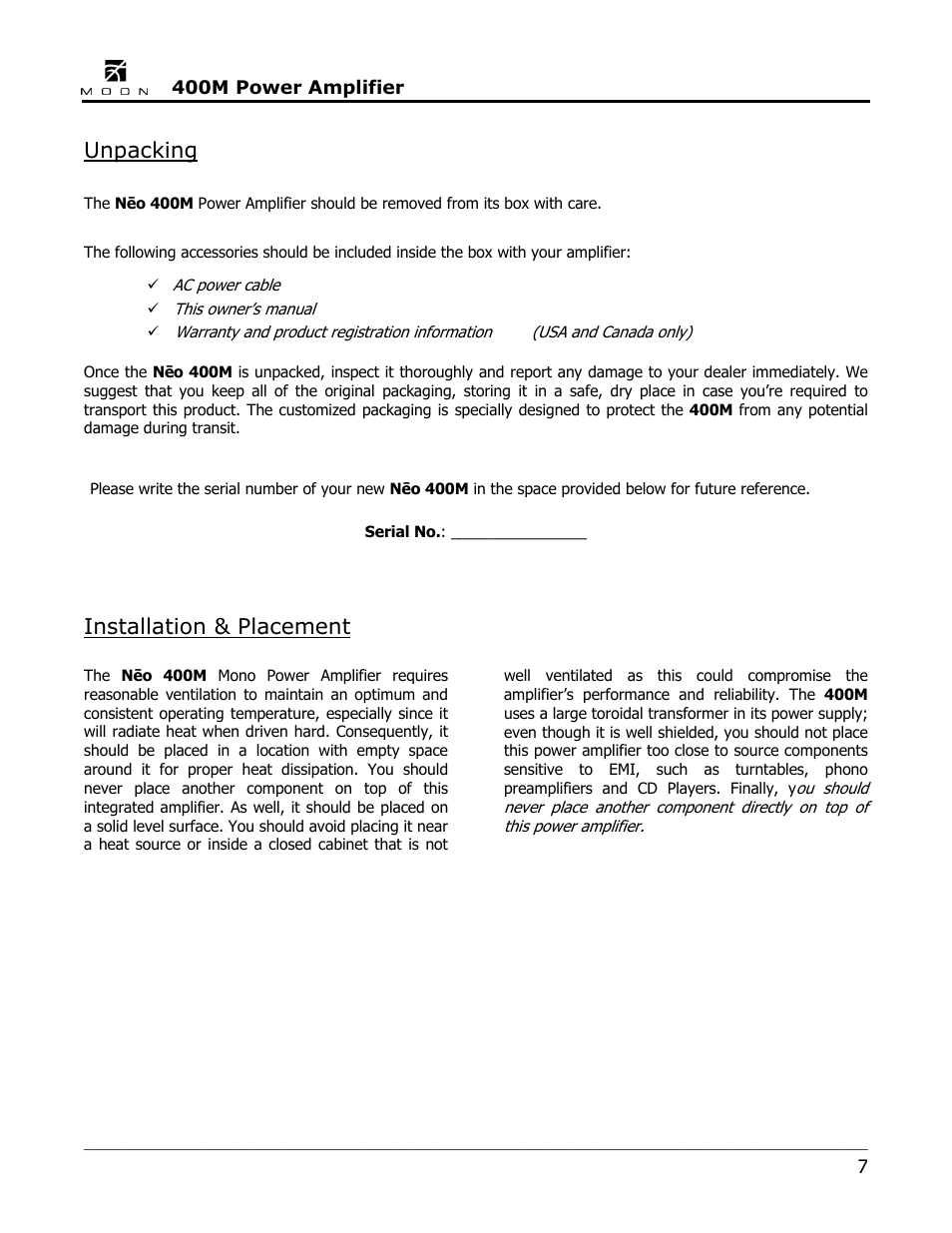 Unpacking, Installation & placement | Simaudio Neo 400M Amplifier User Manual | Page 7 / 16