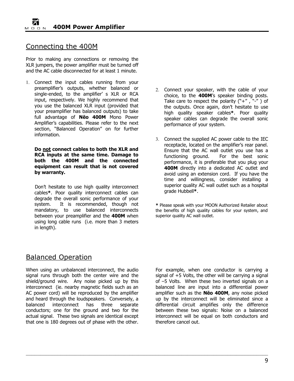 Connecting the 400m, Balanced operation | Simaudio Neo 400M Amplifier User Manual | Page 9 / 16