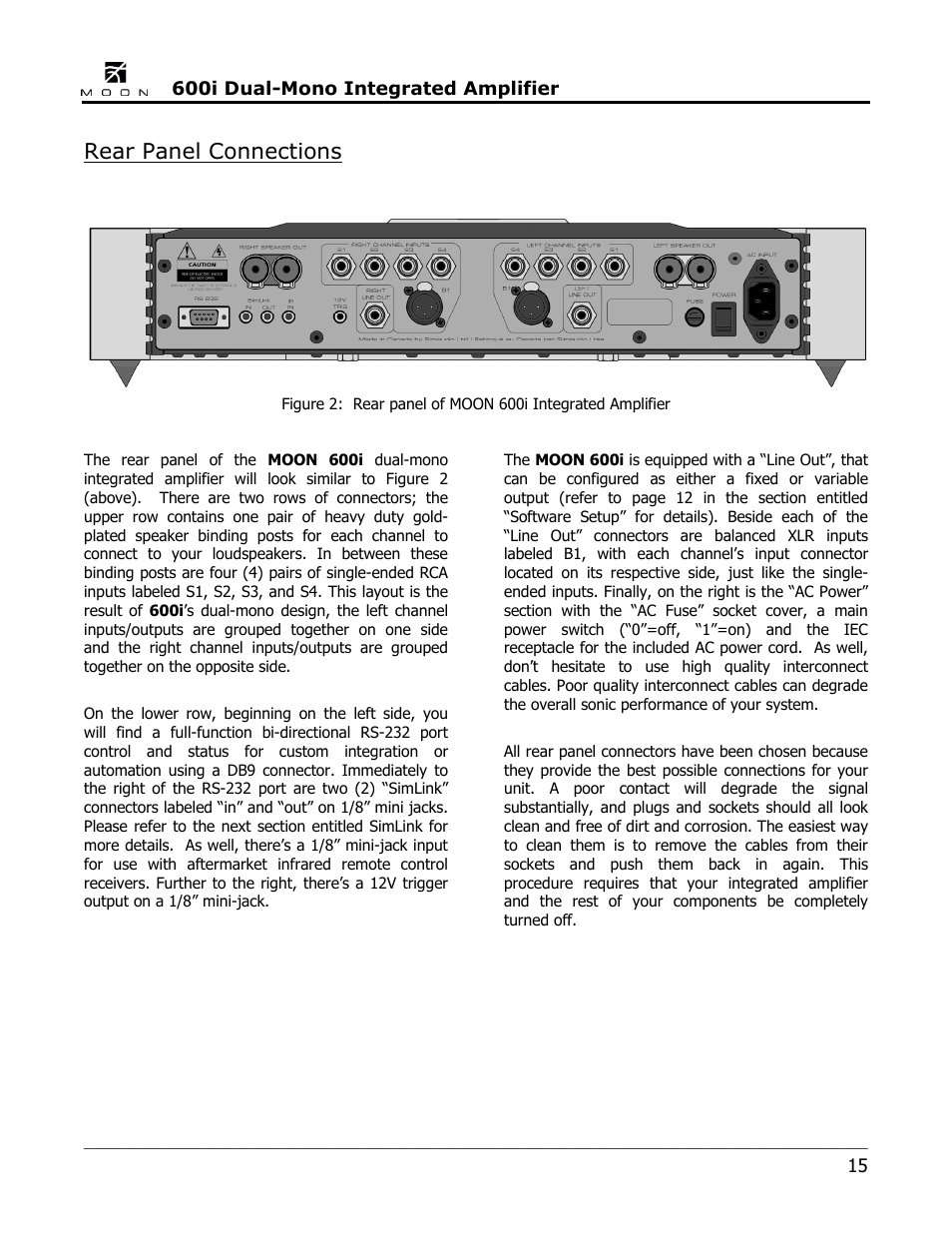 Rear panel connections | Simaudio 600i Integrated Amplifier User Manual | Page 15 / 24