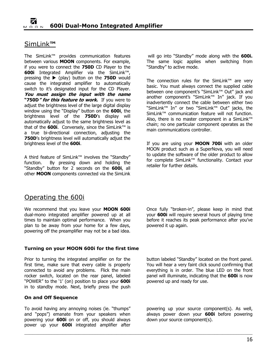Simlink, Operating the 600i | Simaudio 600i Integrated Amplifier User Manual | Page 16 / 24