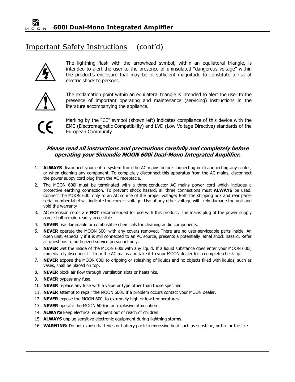 Important safety instructions (cont’d) | Simaudio 600i Integrated Amplifier User Manual | Page 4 / 24