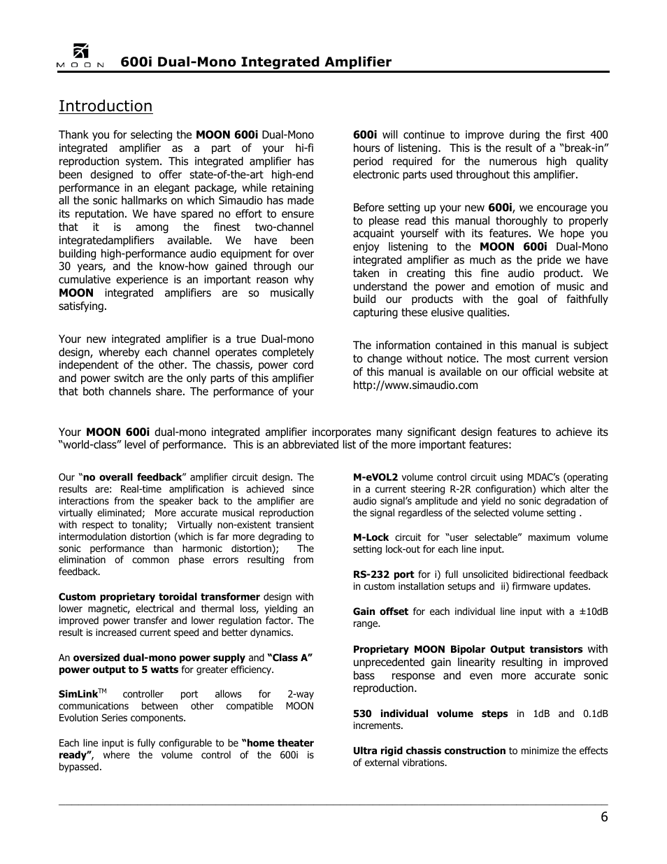 Introduction, 600i dual-mono integrated amplifier | Simaudio 600i Integrated Amplifier User Manual | Page 6 / 24