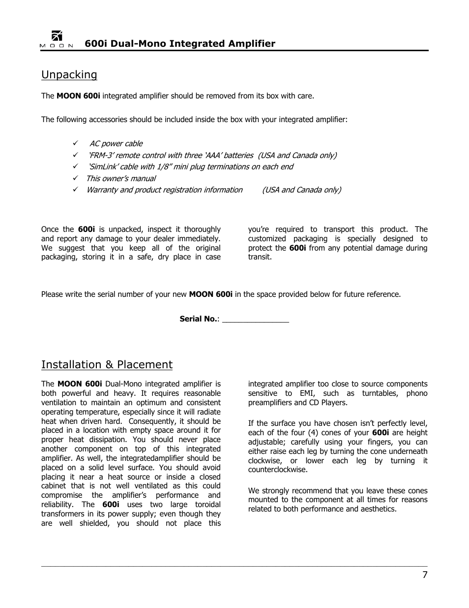 Unpacking, Installation & placement | Simaudio 600i Integrated Amplifier User Manual | Page 7 / 24