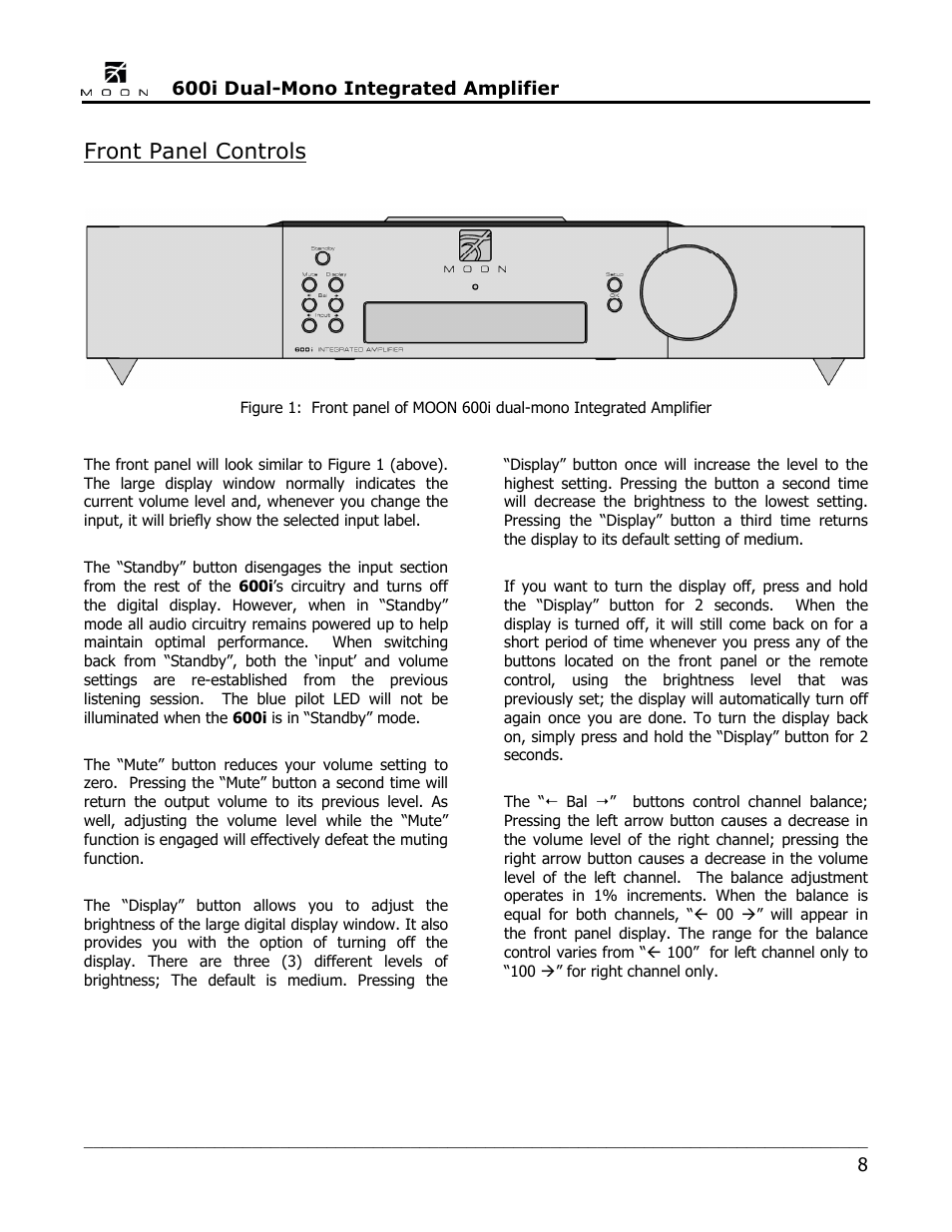 Front panel controls | Simaudio 600i Integrated Amplifier User Manual | Page 8 / 24