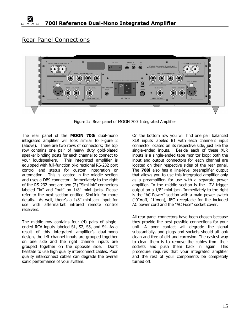 Rear panel connections | Simaudio 700i Integrated Amplifier User Manual | Page 15 / 24