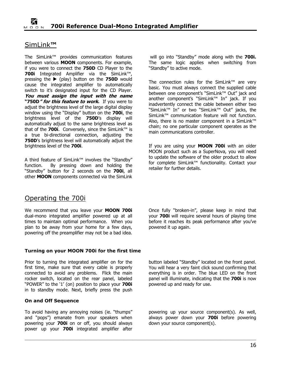 Simlink, Operating the 700i | Simaudio 700i Integrated Amplifier User Manual | Page 16 / 24