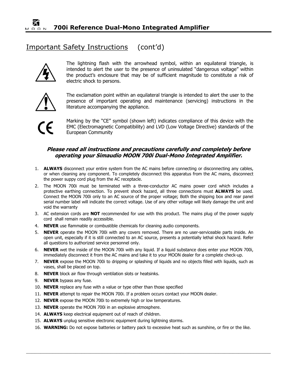 Important safety instructions (cont’d) | Simaudio 700i Integrated Amplifier User Manual | Page 4 / 24