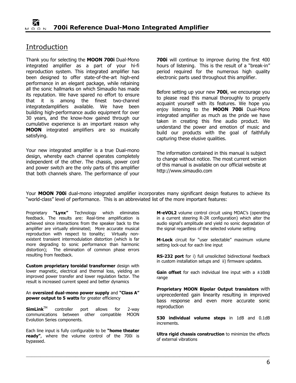 Introduction, 700i reference dual-mono integrated amplifier | Simaudio 700i Integrated Amplifier User Manual | Page 6 / 24