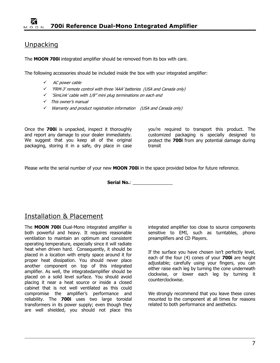 Unpacking, Installation & placement | Simaudio 700i Integrated Amplifier User Manual | Page 7 / 24