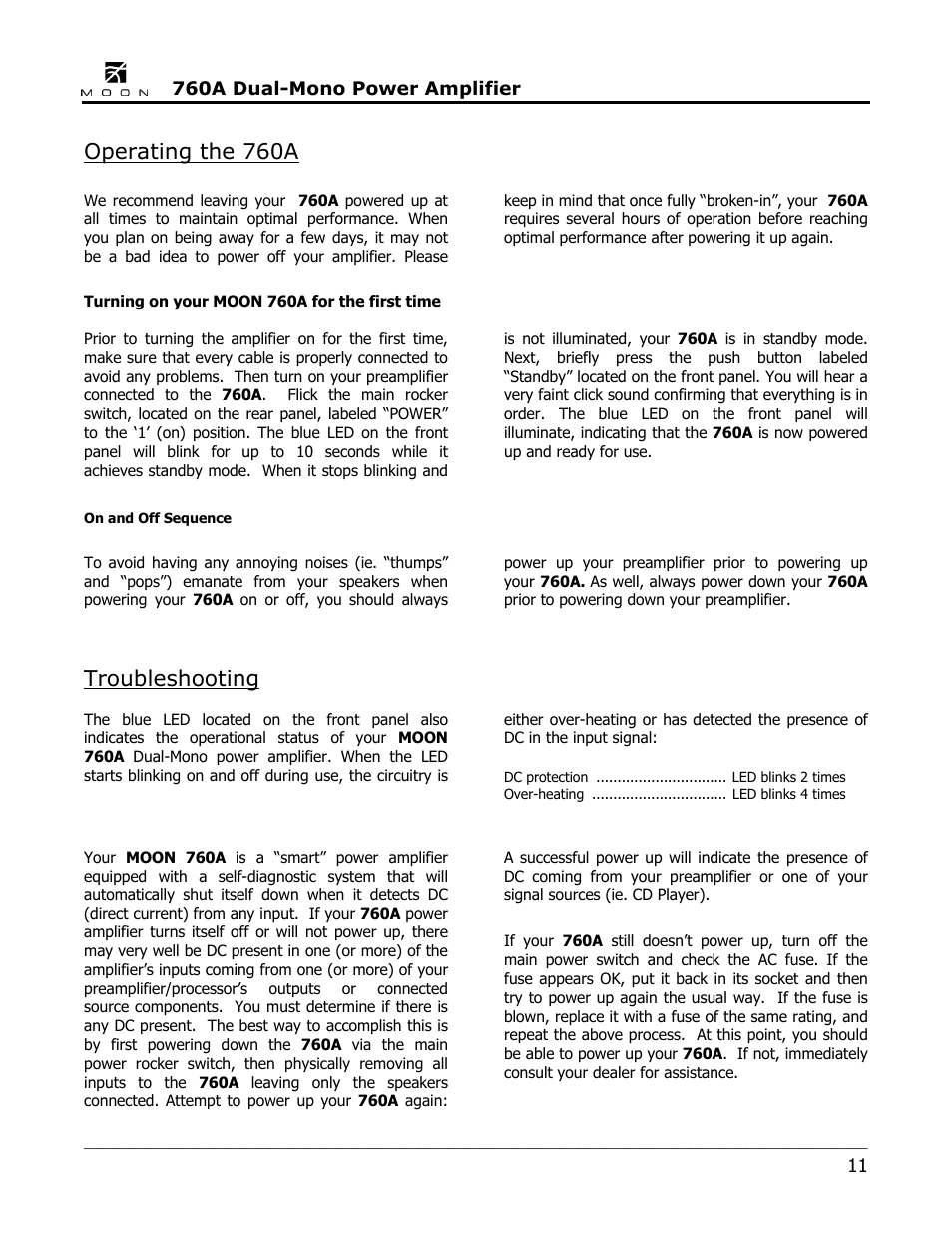 Operating the 760a, Troubleshooting | Simaudio 760A Amplifier User Manual | Page 11 / 16