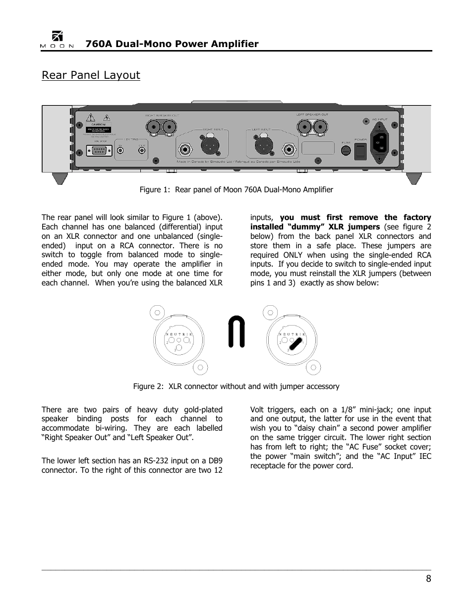Rear panel layout | Simaudio 760A Amplifier User Manual | Page 8 / 16