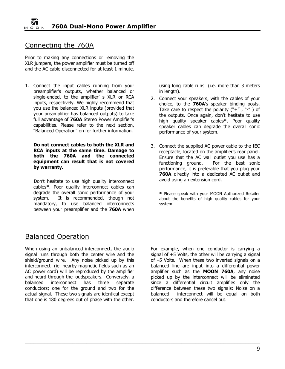 Connecting the 760a, Balanced operation | Simaudio 760A Amplifier User Manual | Page 9 / 16