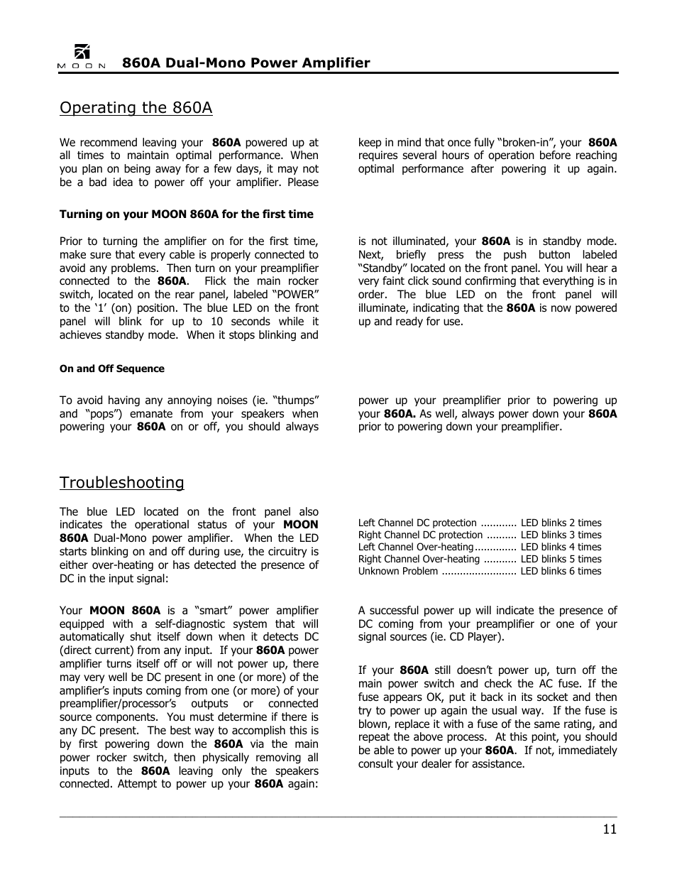 Operating the 860a, Troubleshooting | Simaudio 860A Amplifier User Manual | Page 11 / 16