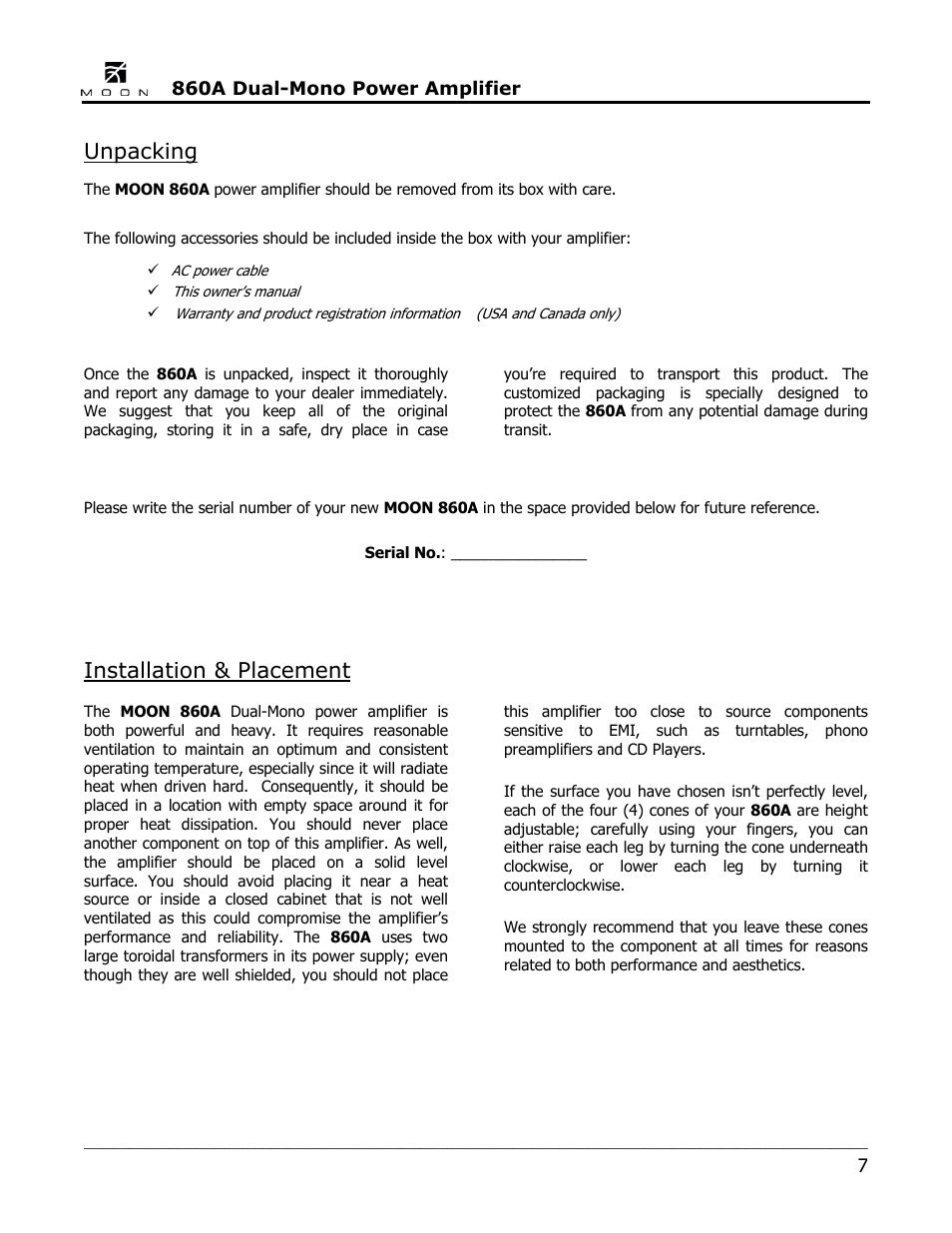 Unpacking, Installation & placement | Simaudio 860A Amplifier User Manual | Page 7 / 16