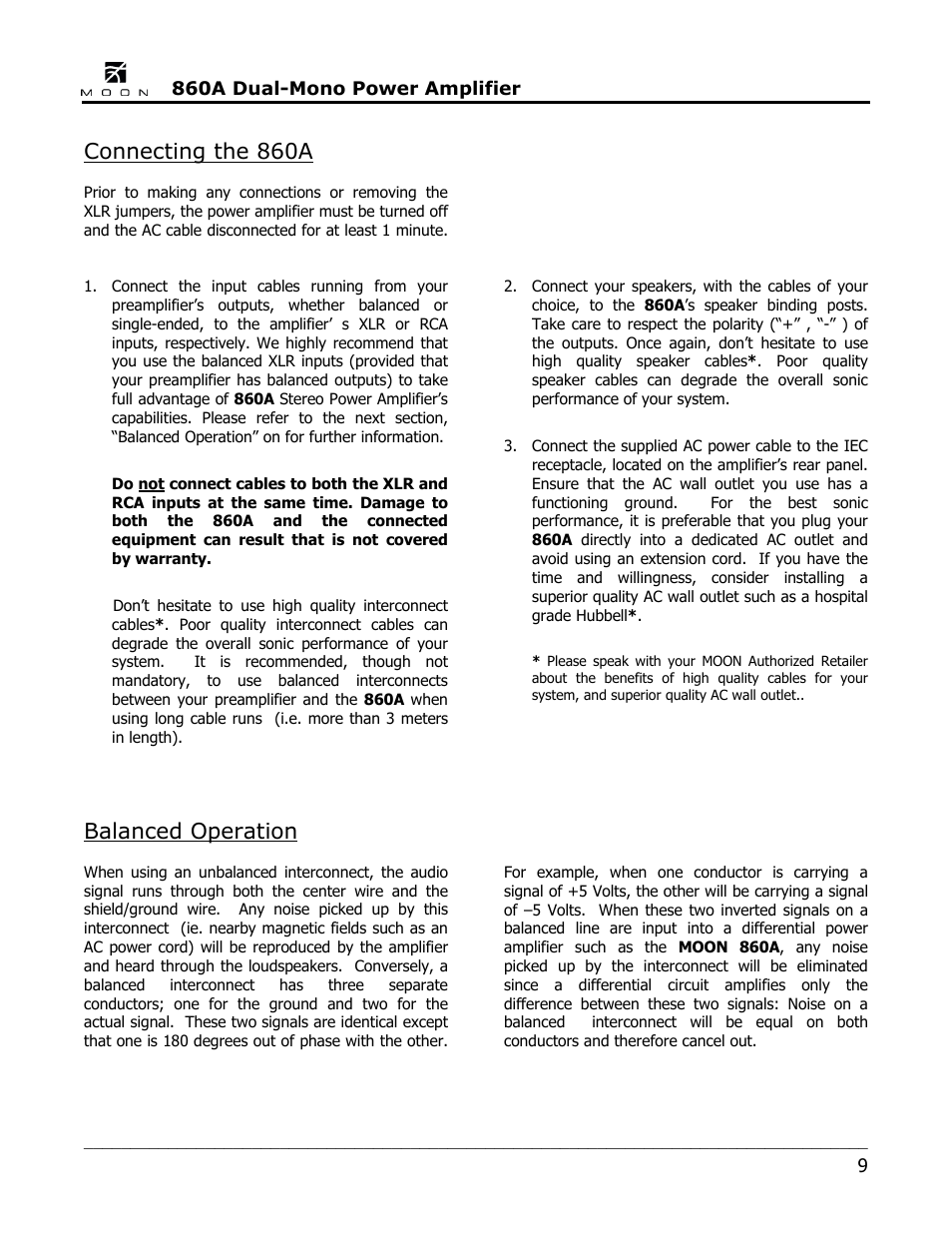 Connecting the 860a, Balanced operation | Simaudio 860A Amplifier User Manual | Page 9 / 16