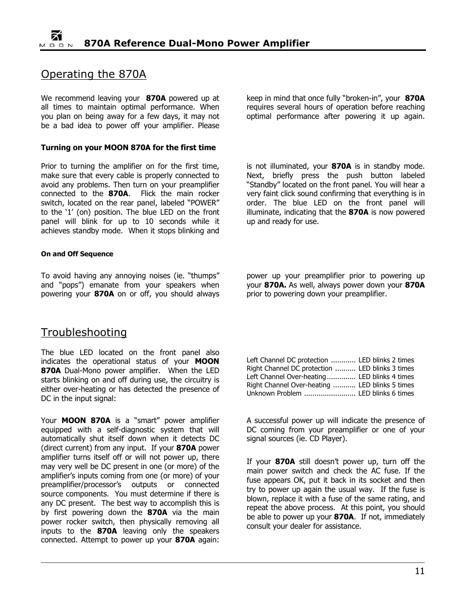 Operating the 870a, Troubleshooting | Simaudio 870A Amplifier User Manual | Page 11 / 16