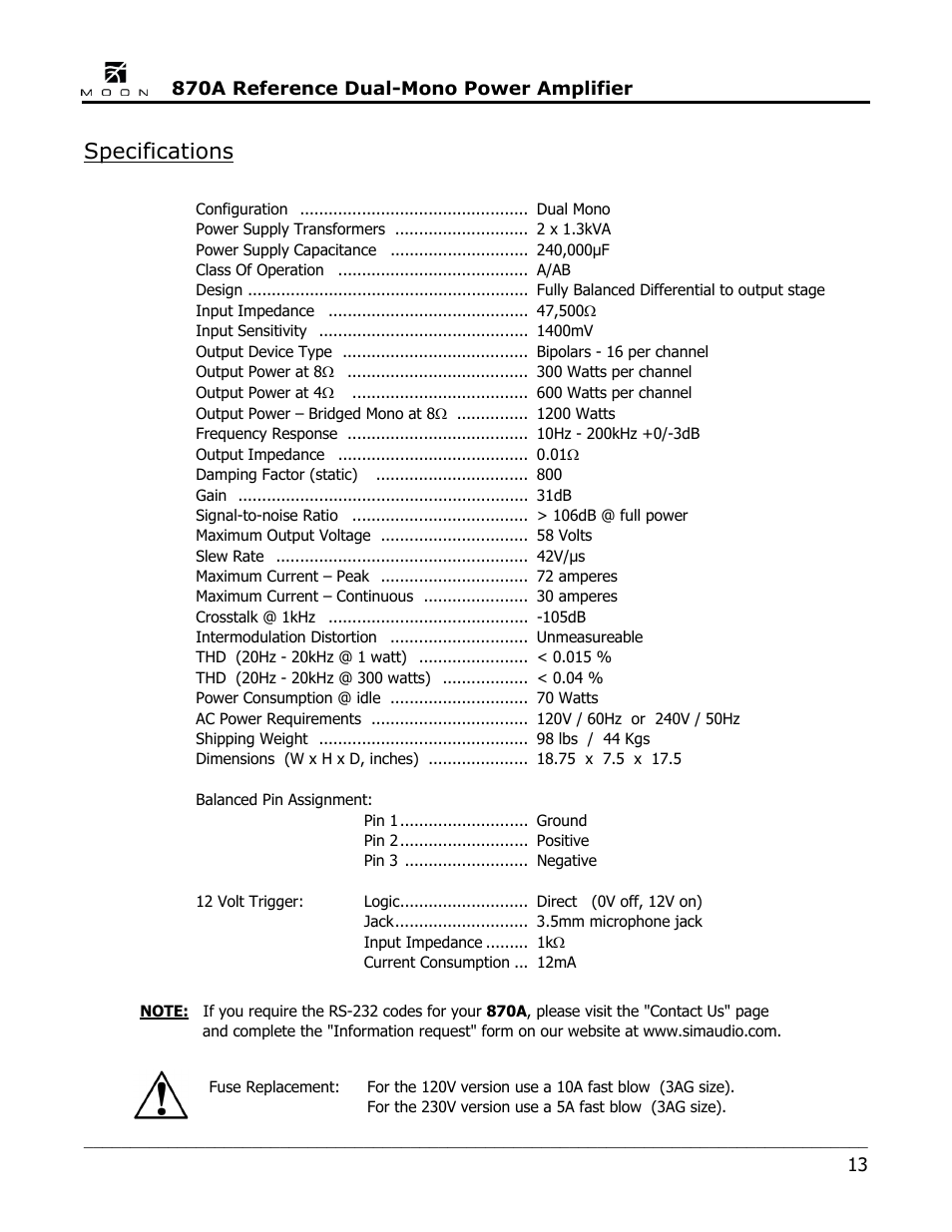 Specifications | Simaudio 870A Amplifier User Manual | Page 13 / 16