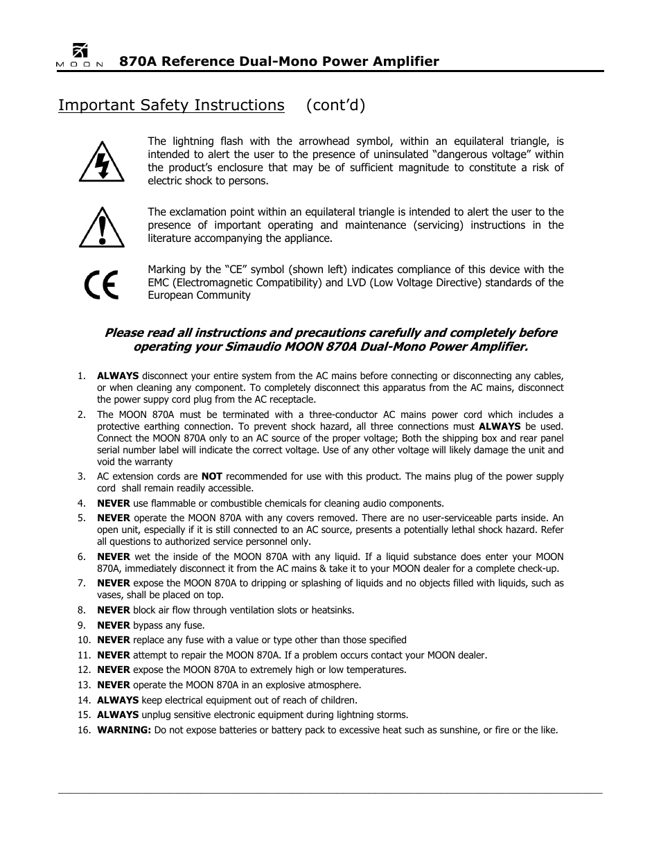 Important safety instructions (cont’d) | Simaudio 870A Amplifier User Manual | Page 4 / 16