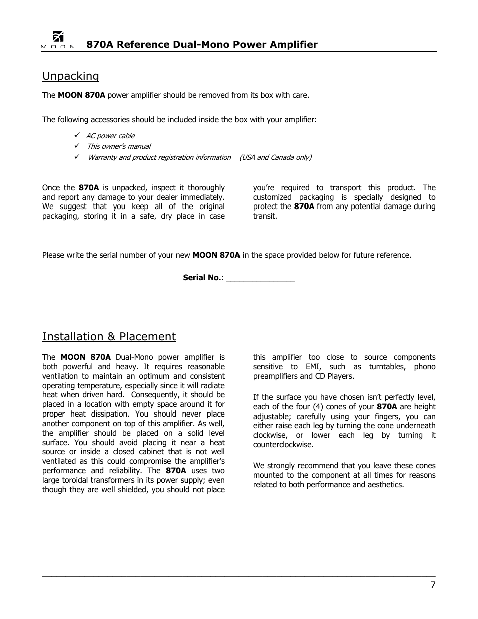 Unpacking, Installation & placement | Simaudio 870A Amplifier User Manual | Page 7 / 16