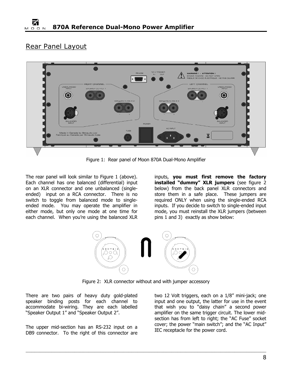 Rear panel layout | Simaudio 870A Amplifier User Manual | Page 8 / 16