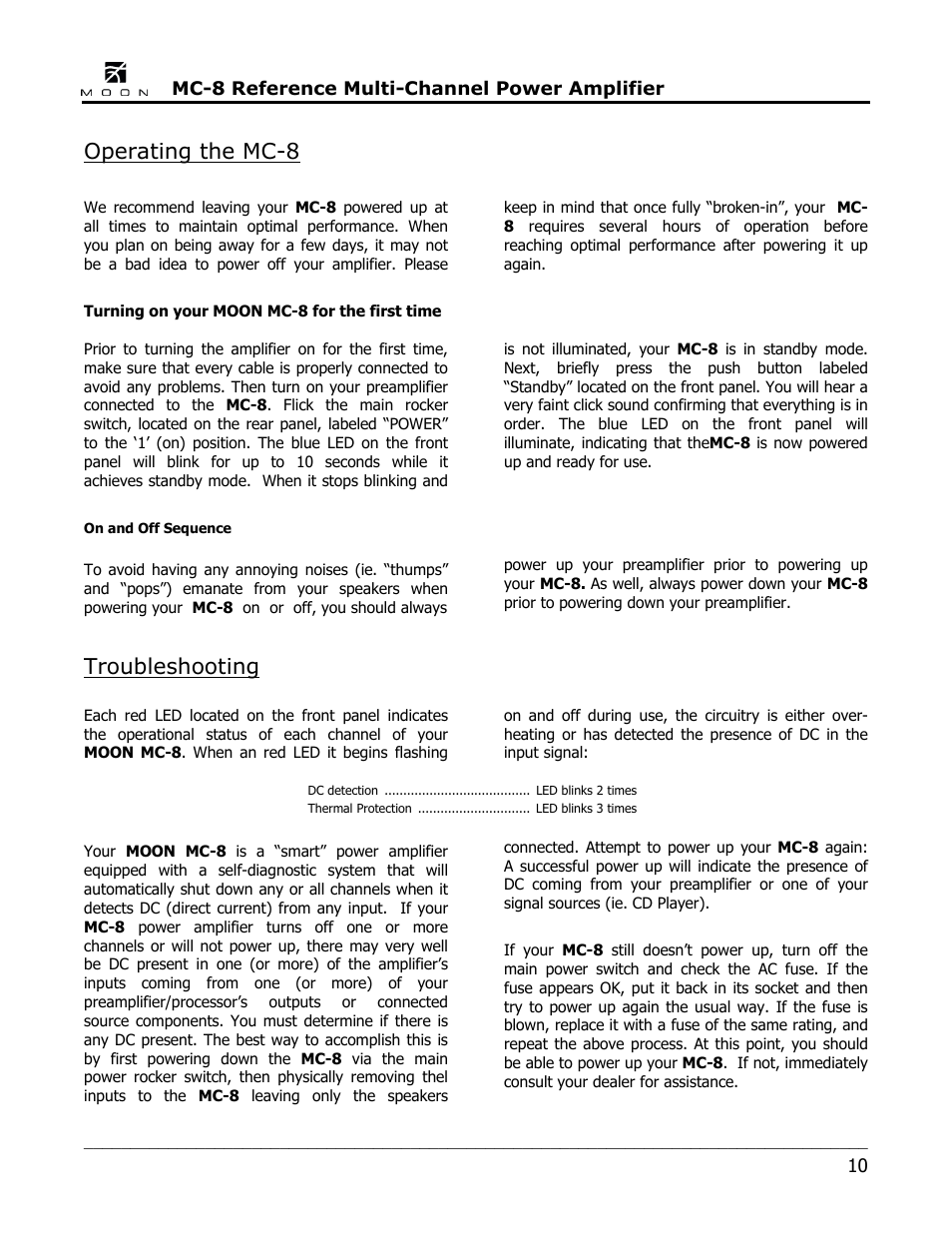 Operating the mc-8, Troubleshooting | Simaudio MC-8 Amplifier User Manual | Page 10 / 16