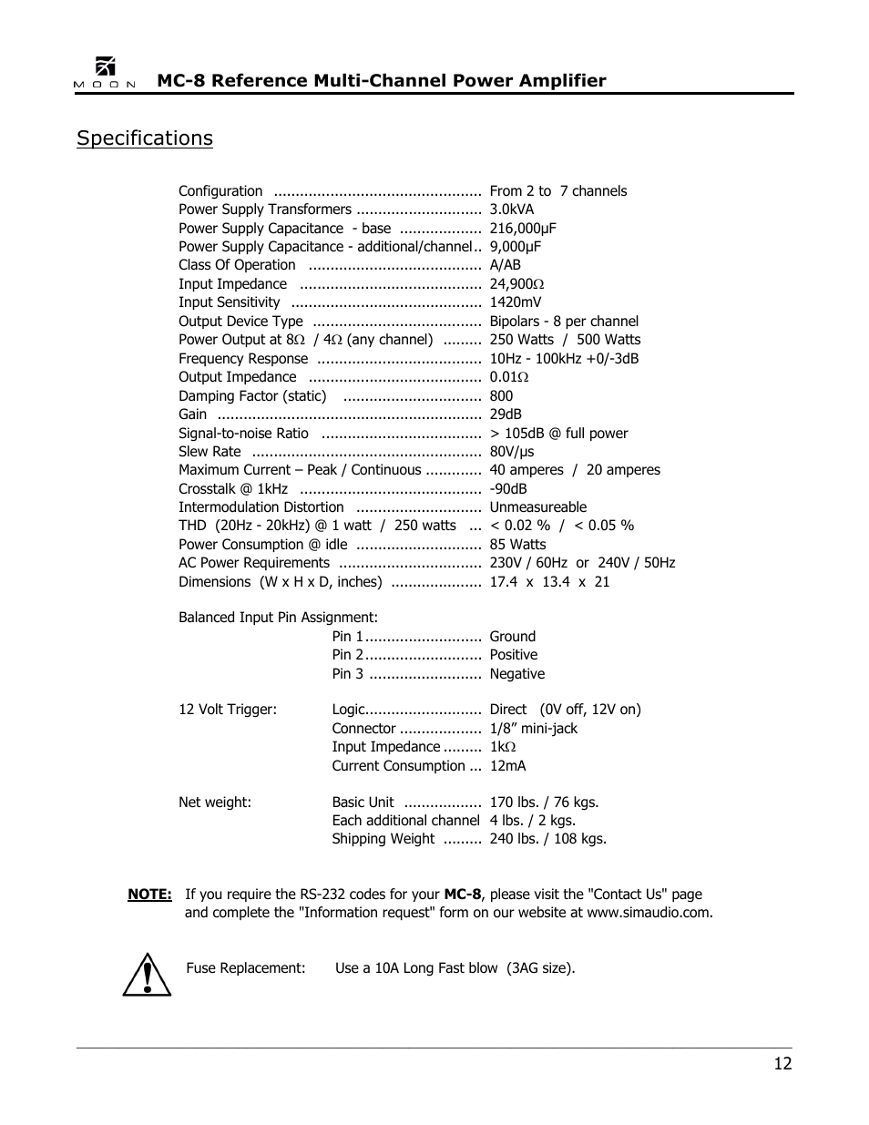 Specifications | Simaudio MC-8 Amplifier User Manual | Page 12 / 16
