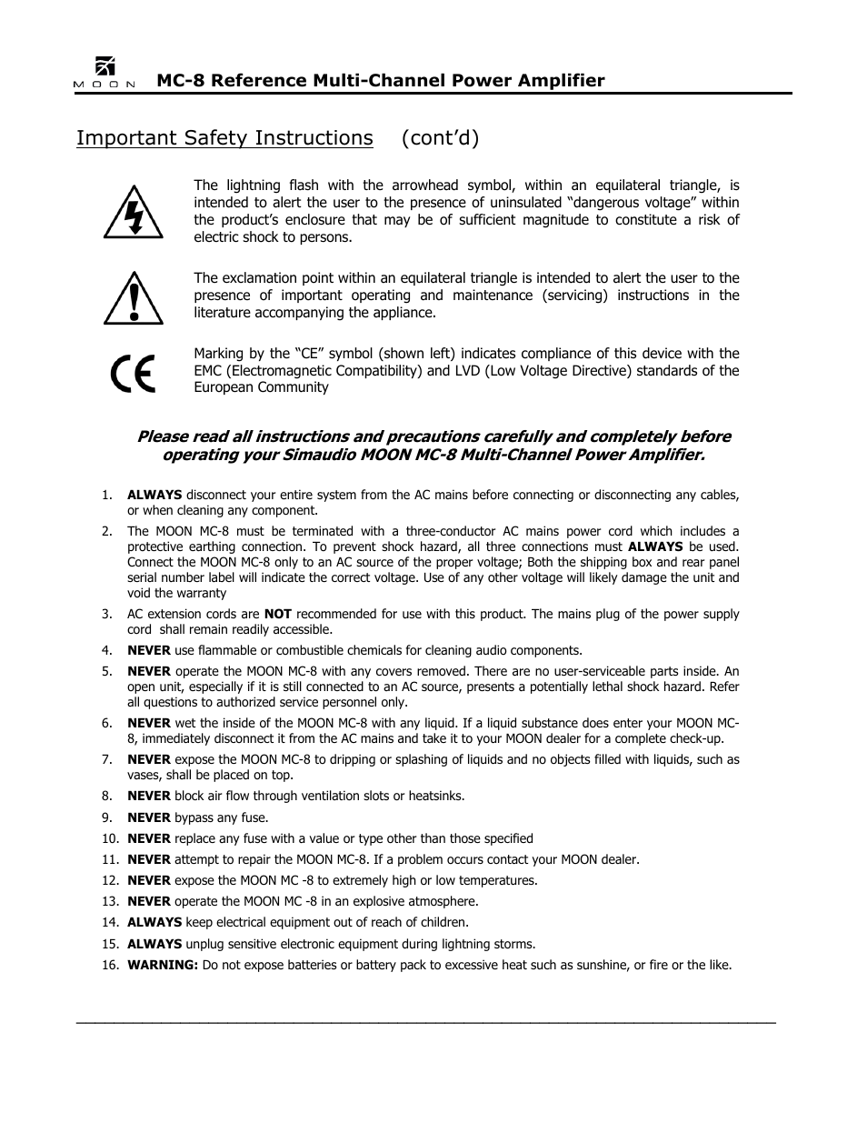Important safety instructions (cont’d) | Simaudio MC-8 Amplifier User Manual | Page 4 / 16