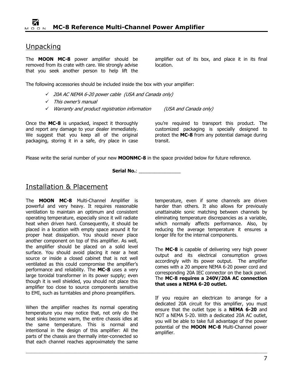 Unpacking, Installation & placement | Simaudio MC-8 Amplifier User Manual | Page 7 / 16
