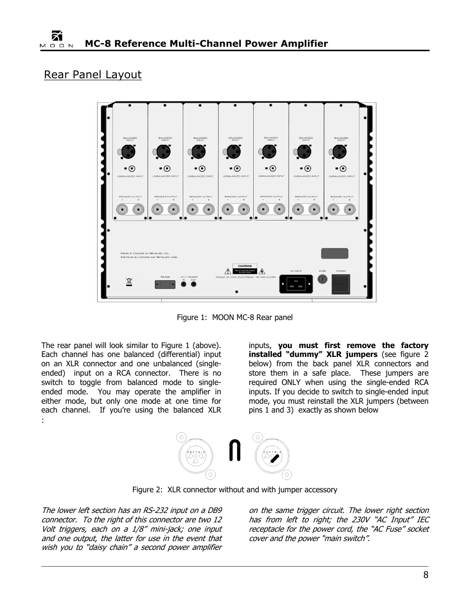 Rear panel layout | Simaudio MC-8 Amplifier User Manual | Page 8 / 16